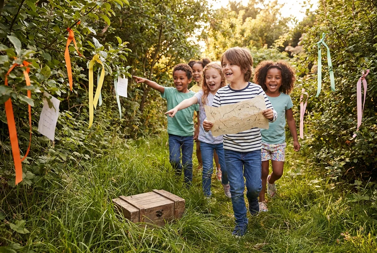 Enfants de 7 ans en pleine chasse au trésor