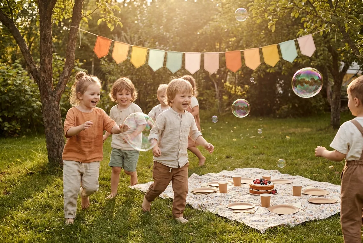 Anniversaire de 3 ans dans un jardin avec des bulles de savon