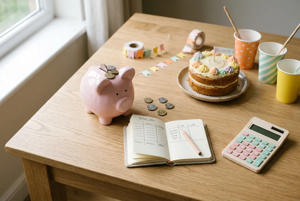 Tirelire, calculatrice et carnet de budget d’anniversaire