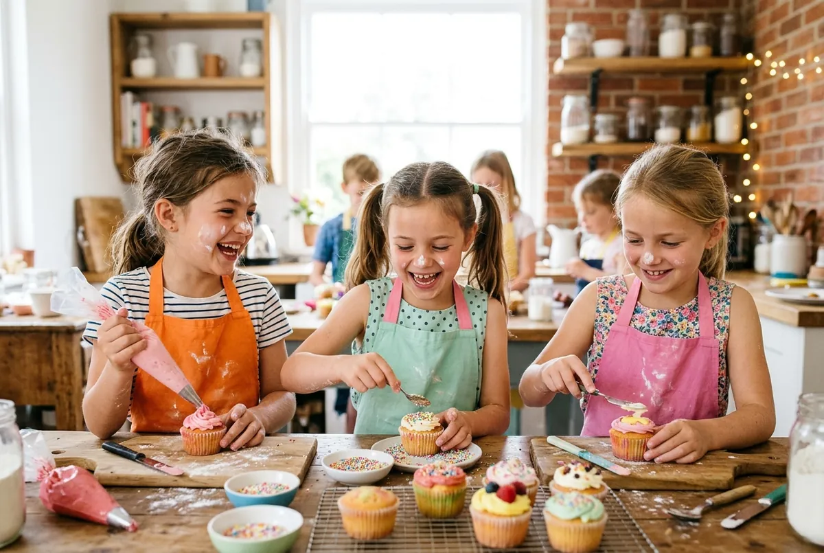 Enfants qui décorent des cupcakes en atelier cuisine