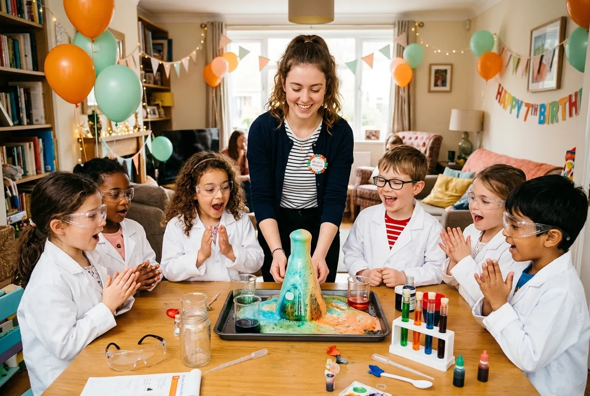 Animatrice qui réalise une expérience scientifique avec des enfants à domicile