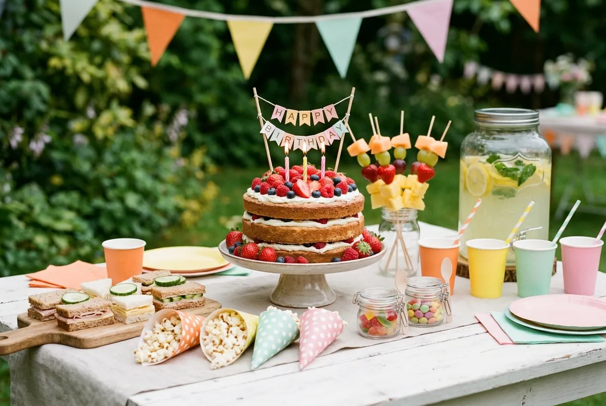 Table de goûter d’anniversaire avec gâteau, fruits et limonade