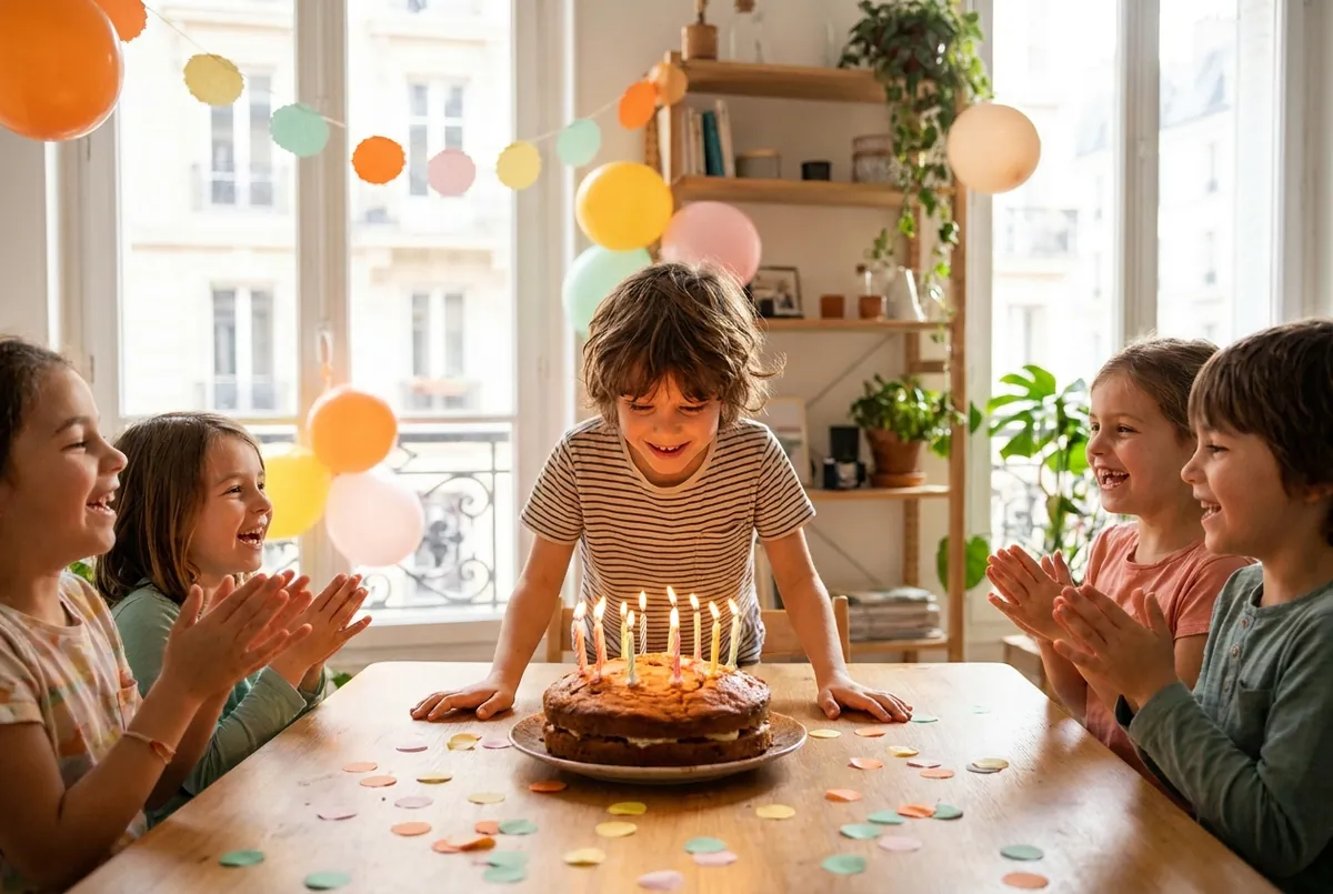 Enfant qui souffle ses bougies entouré de ses copains