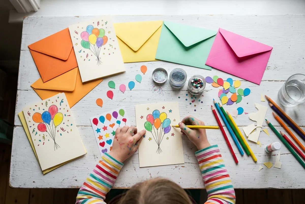 Enfant qui décore des cartes d’invitation d’anniversaire