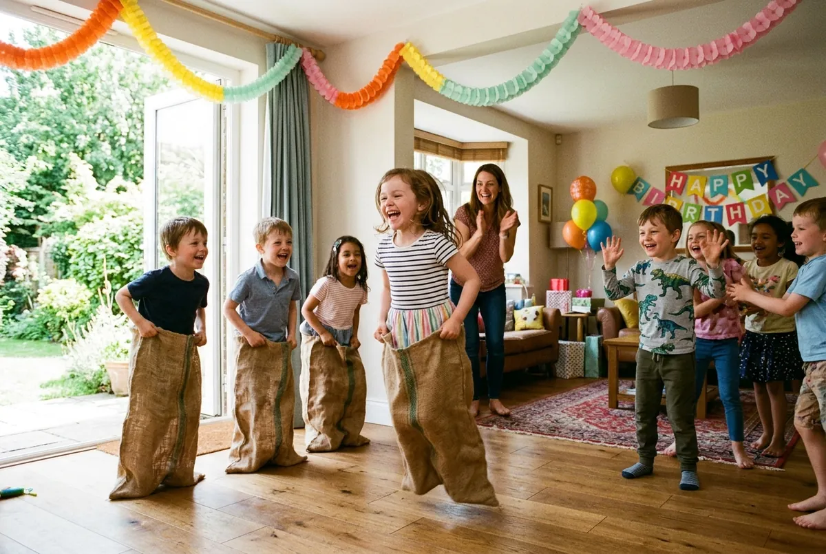 Enfants qui font une course en sac à un anniversaire