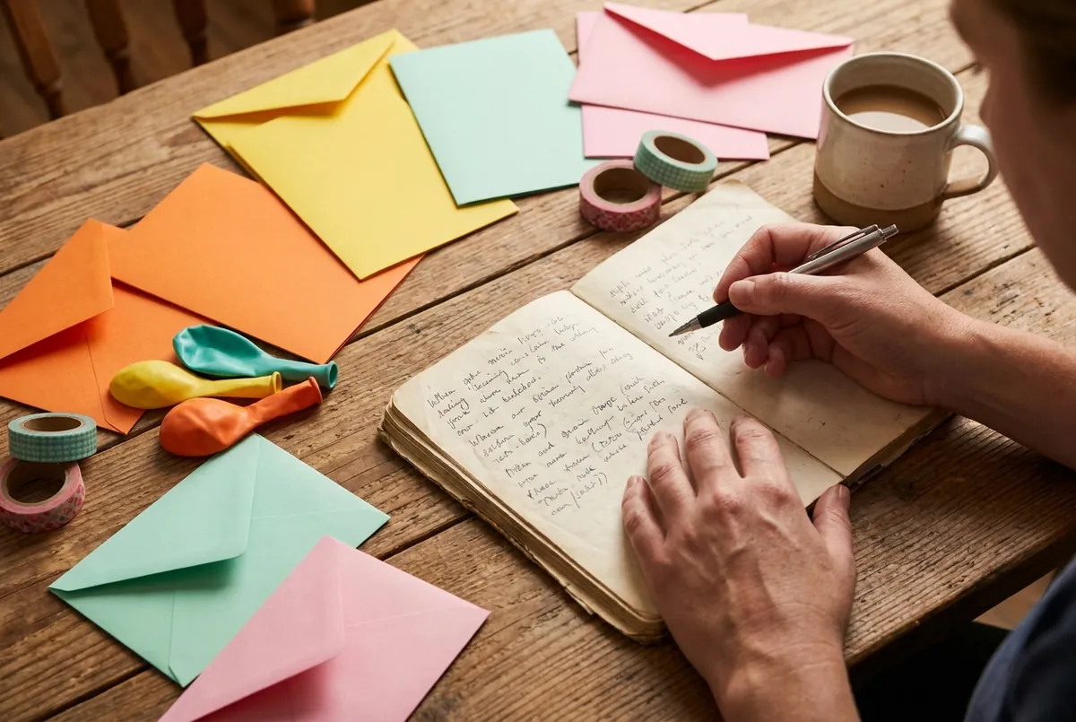 Parent qui prépare un anniversaire avec une liste et des invitations