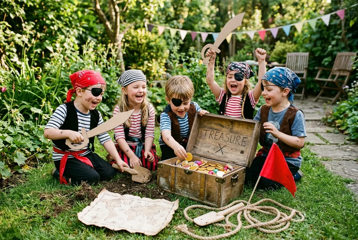 Enfants déguisés en pirates autour d’un coffre au trésor dans un jardin