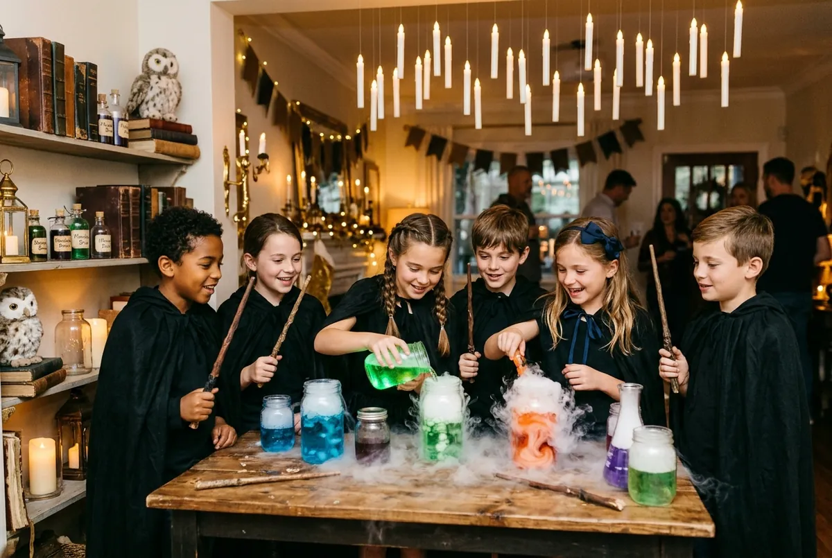 Enfants déguisés en sorciers qui préparent des potions